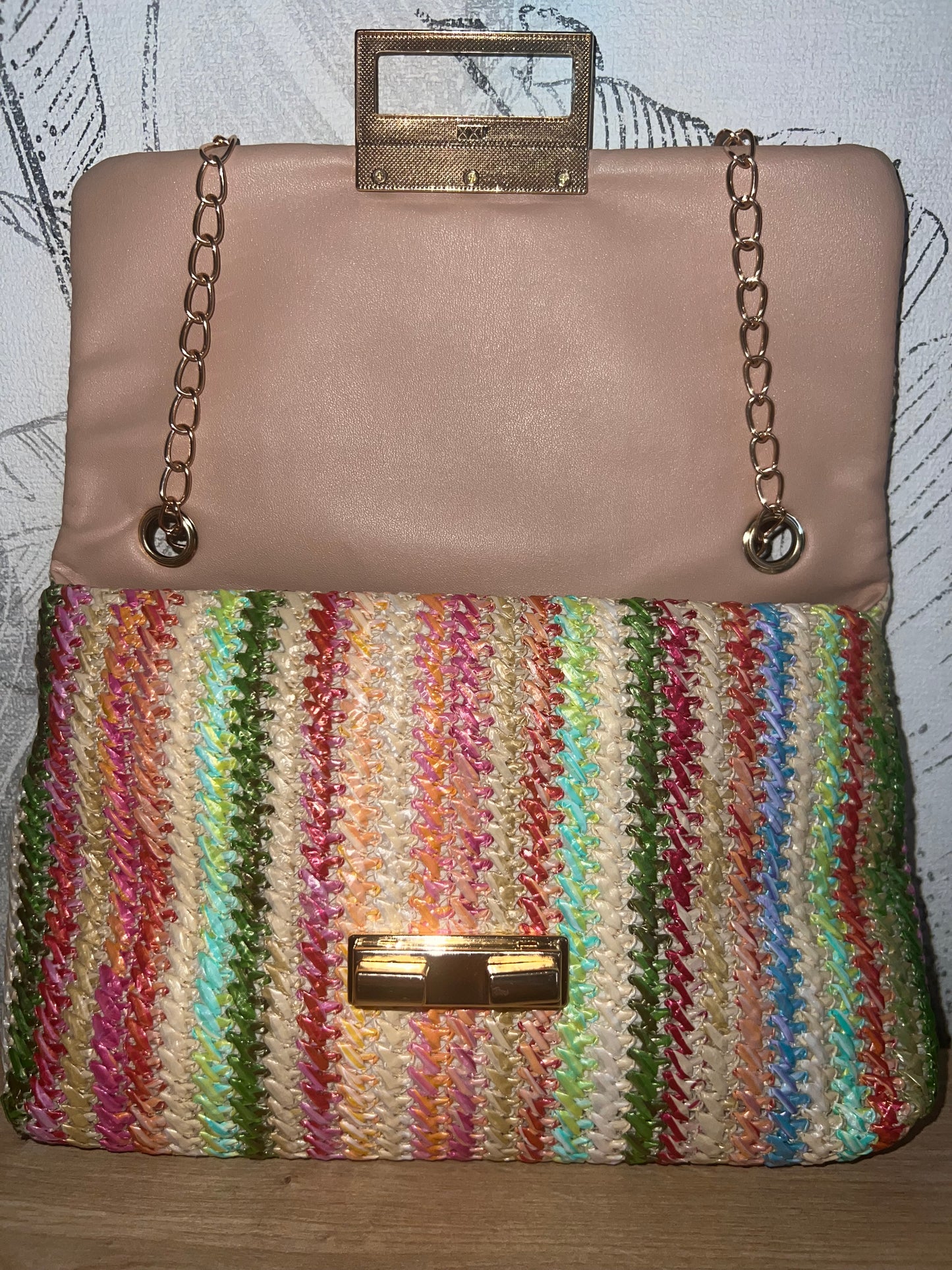 Sac Bandoulière Effet Paille – Color Block Rose, Vert & Marron toile de jute