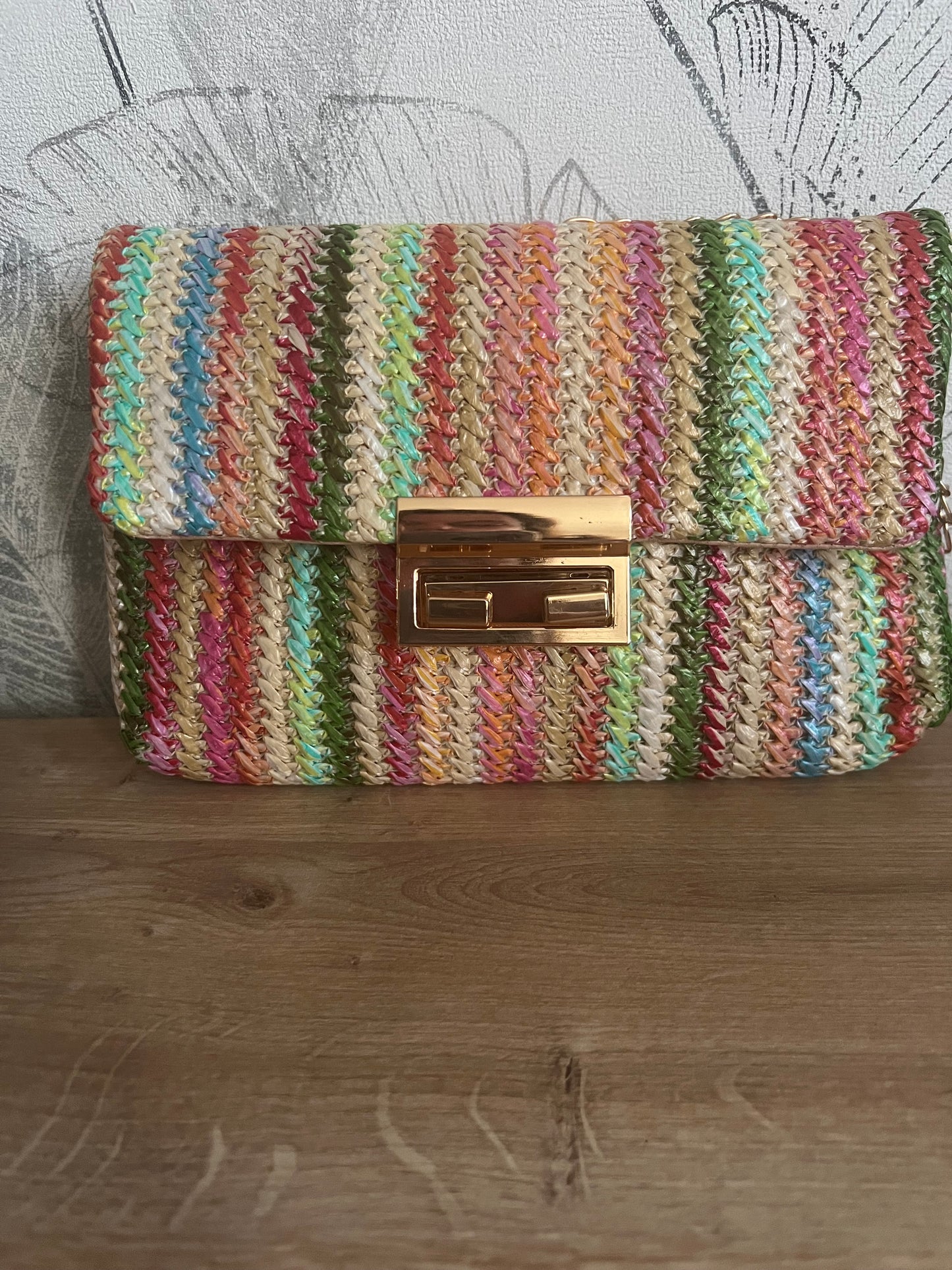 Sac Bandoulière Effet Paille – Color Block Rose, Vert & Marron toile de jute