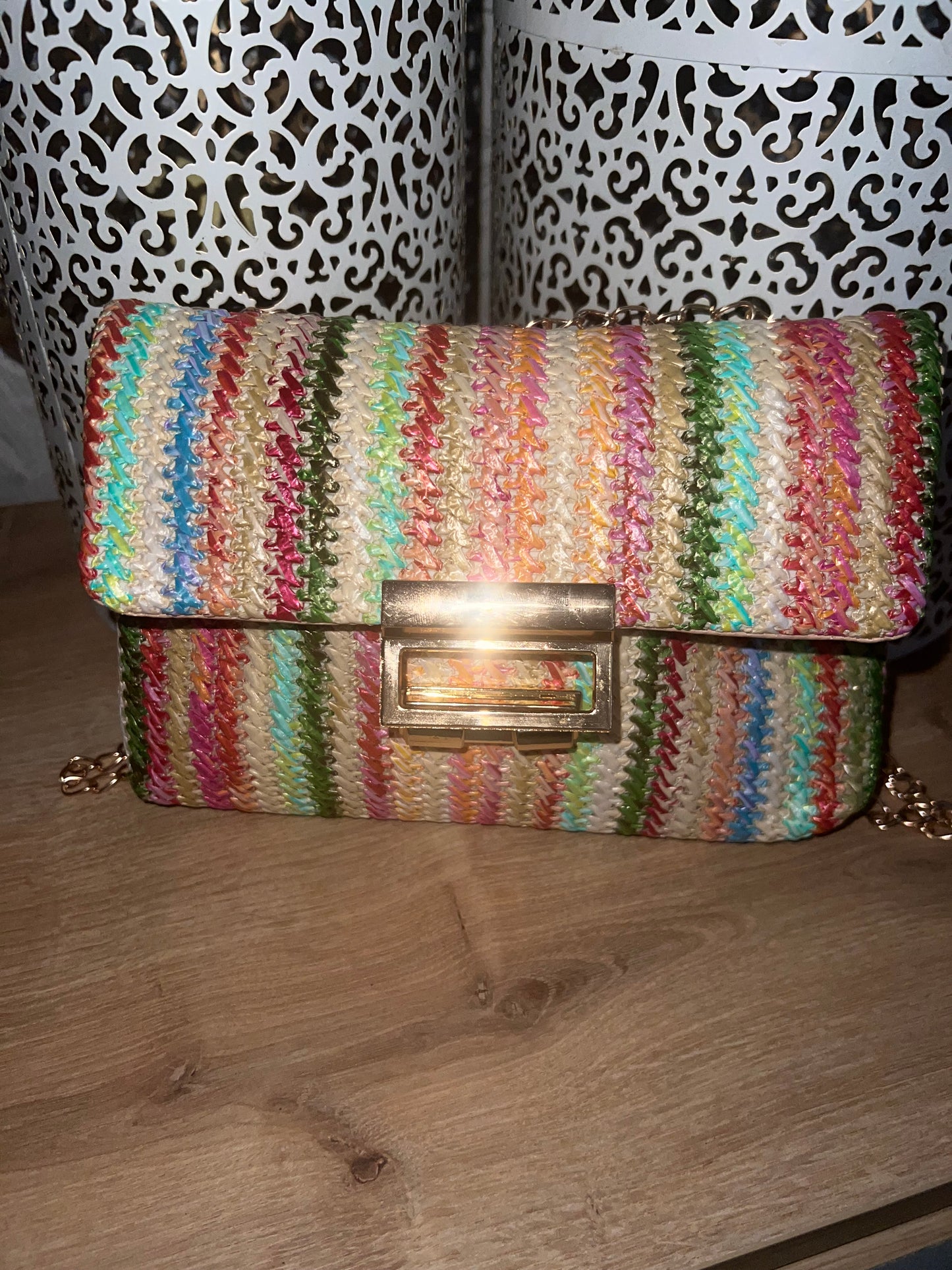 Sac Bandoulière Effet Paille – Color Block Rose, Vert & Marron toile de jute