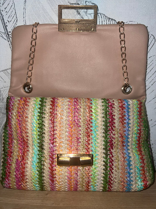 Sac Bandoulière Effet Paille – Color Block Rose, Vert & Marron toile de jute