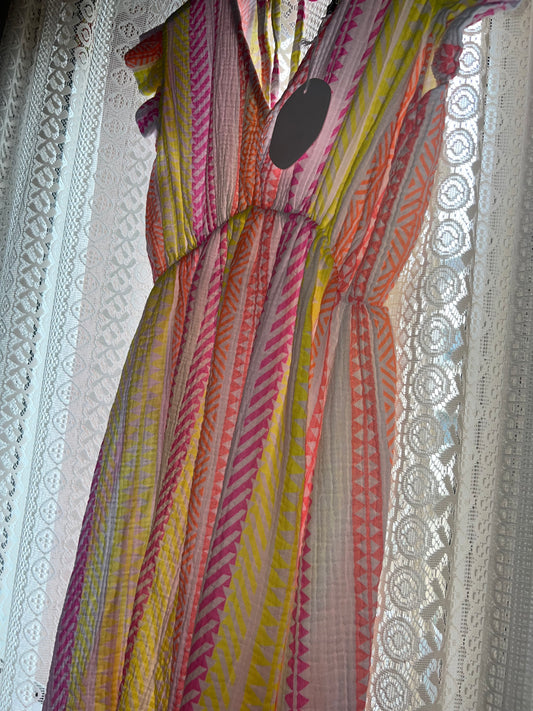 🌸 Robe Bohème “Soleil d’Été” – Éclats Blanc, Jaune & Rose